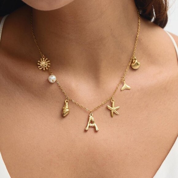 Initial Charm Necklace for Women, 18k Gold Plated Sea Shell Necklace, Dainty A-Z - Picture 3 of 7